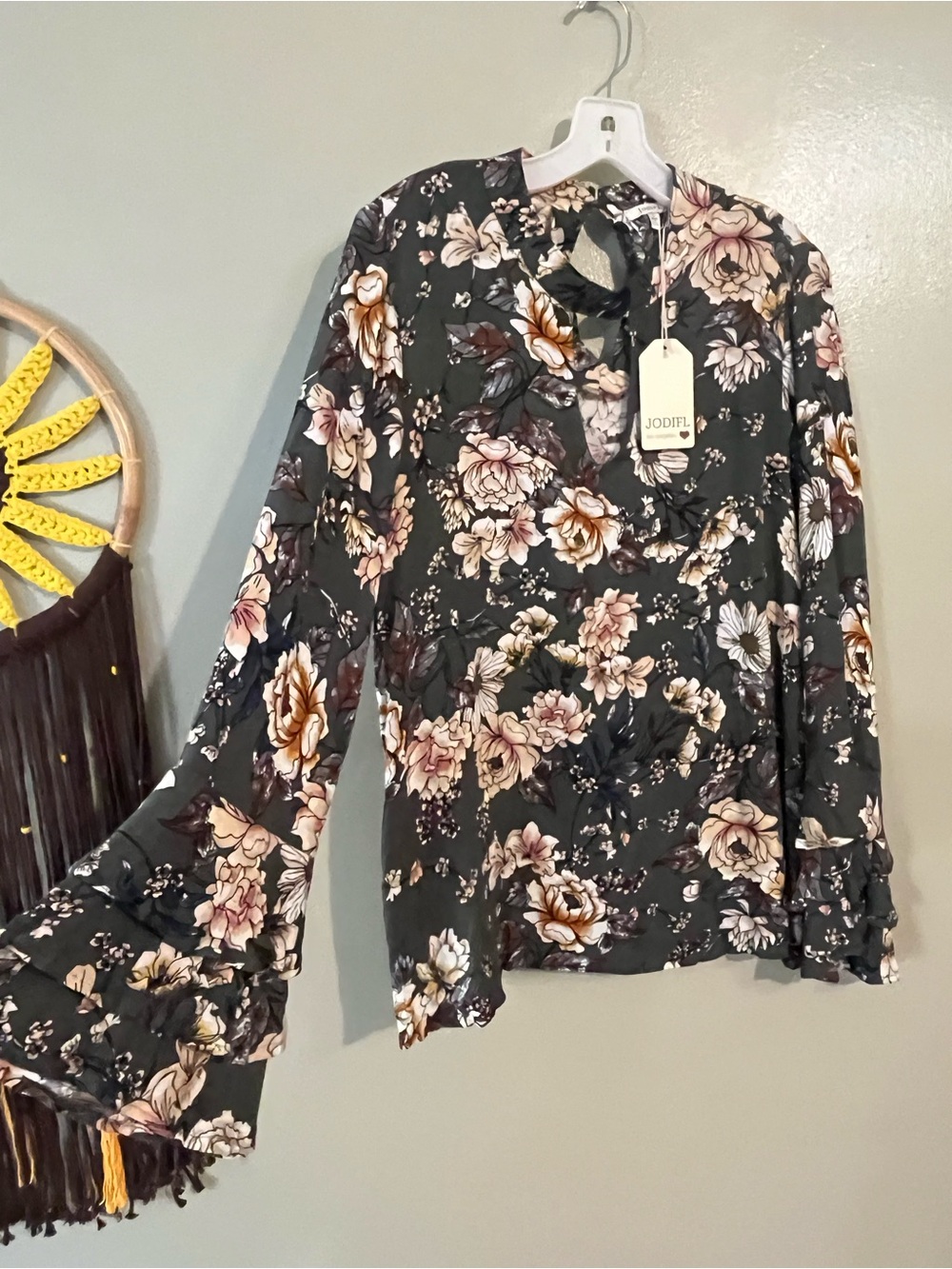 JODIFL Floral Ruffled Bell  Sleeve Blouse - Black with Blush Floral Boho L NWT